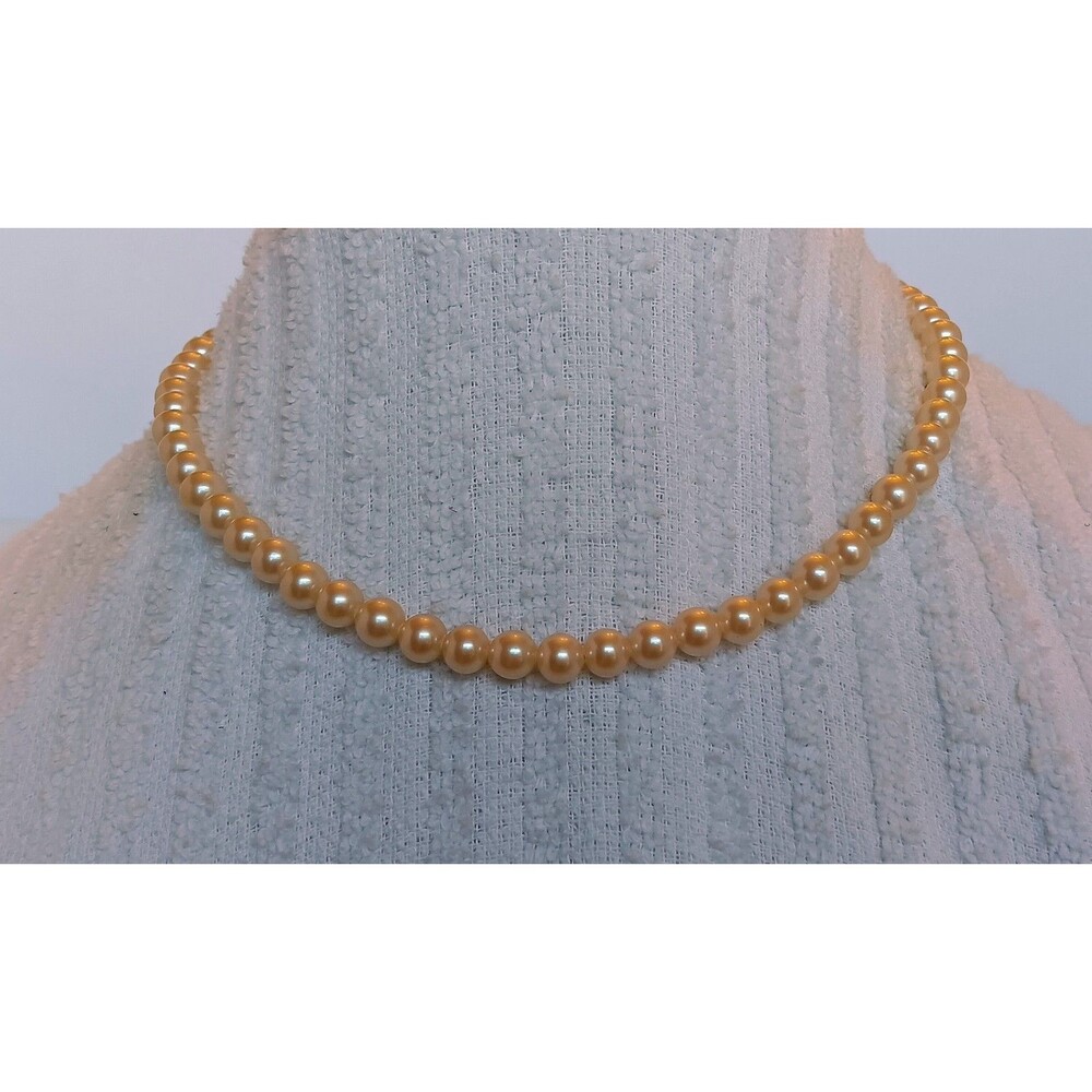 Vintage Signed Japan 6 mm Glass Pearl Necklace 16 in Silvertone Clasp